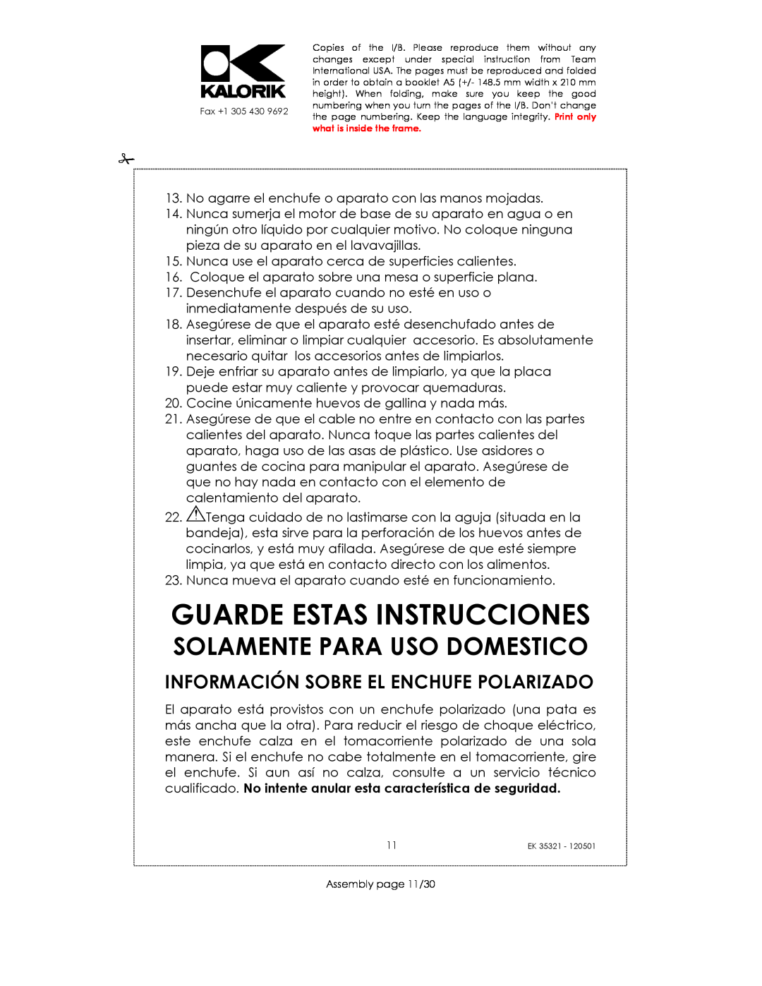 Kalorik EK35321 manual Guarde Estas Instrucciones, Información Sobre El Enchufe Polarizado, Solamente Para Uso Domestico 