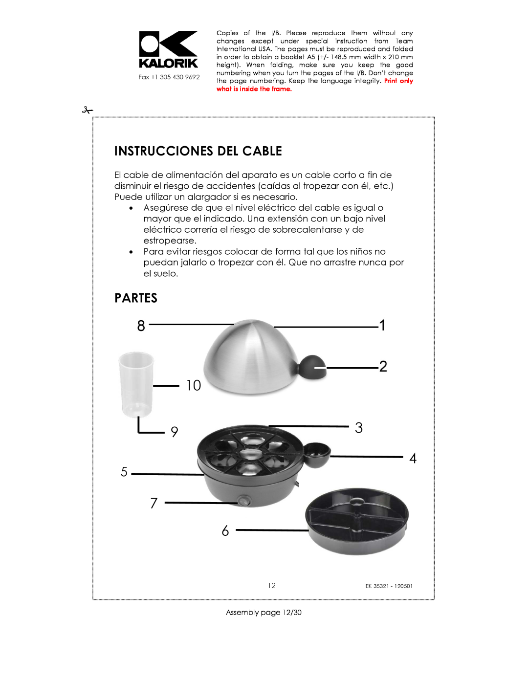Kalorik EK35321 manual Instrucciones Del Cable, Partes, Assembly page 12/30 
