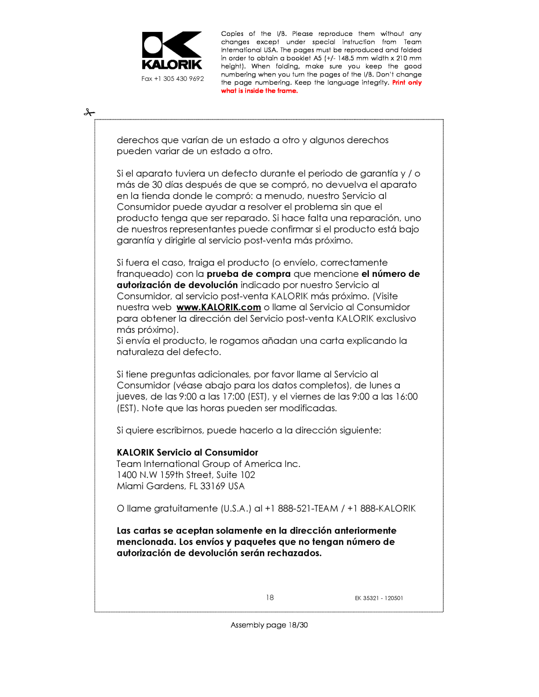 Kalorik EK35321 manual KALORIK Servicio al Consumidor, Assembly page 18/30 