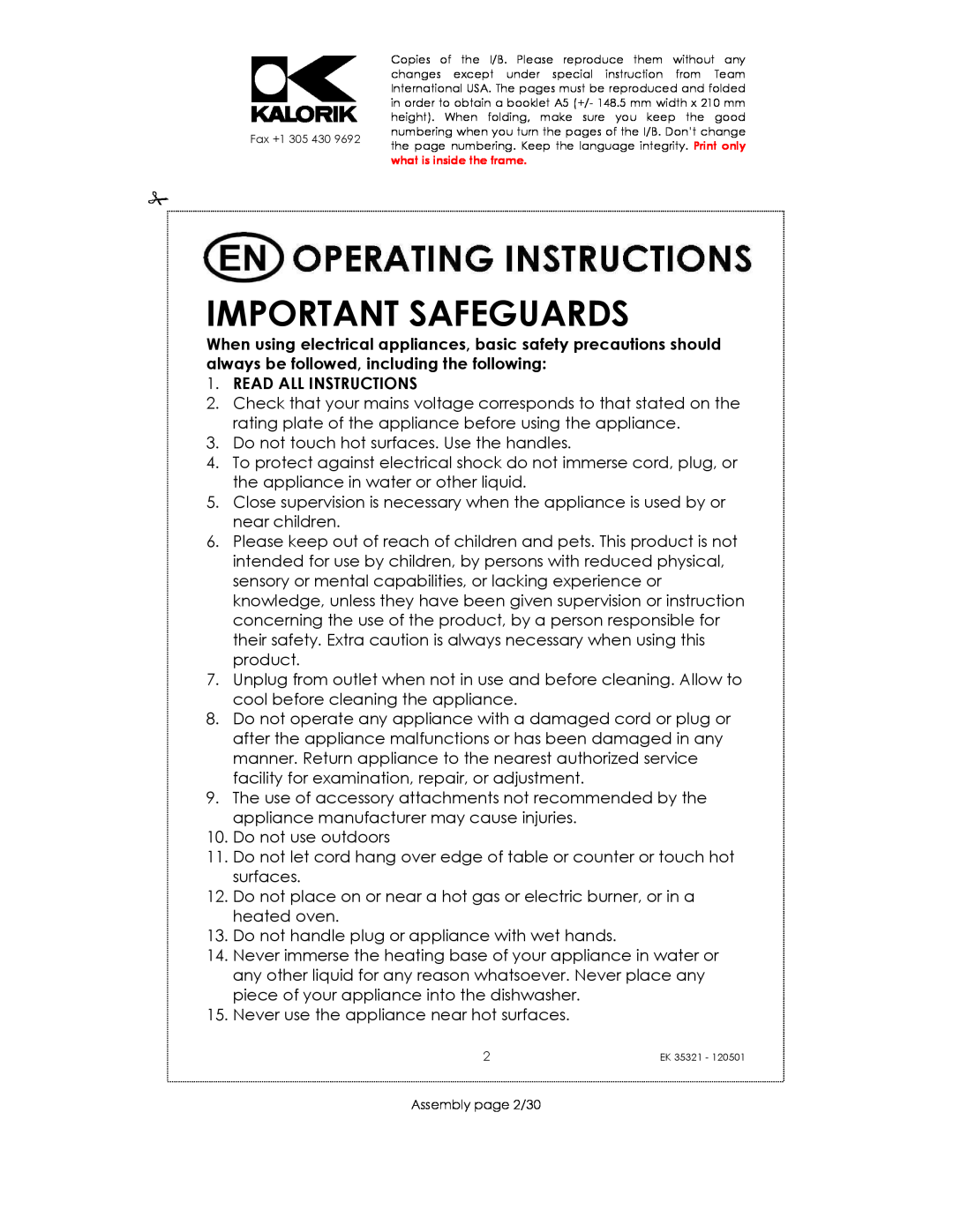 Kalorik EK35321 manual Important Safeguards, Read All Instructions 