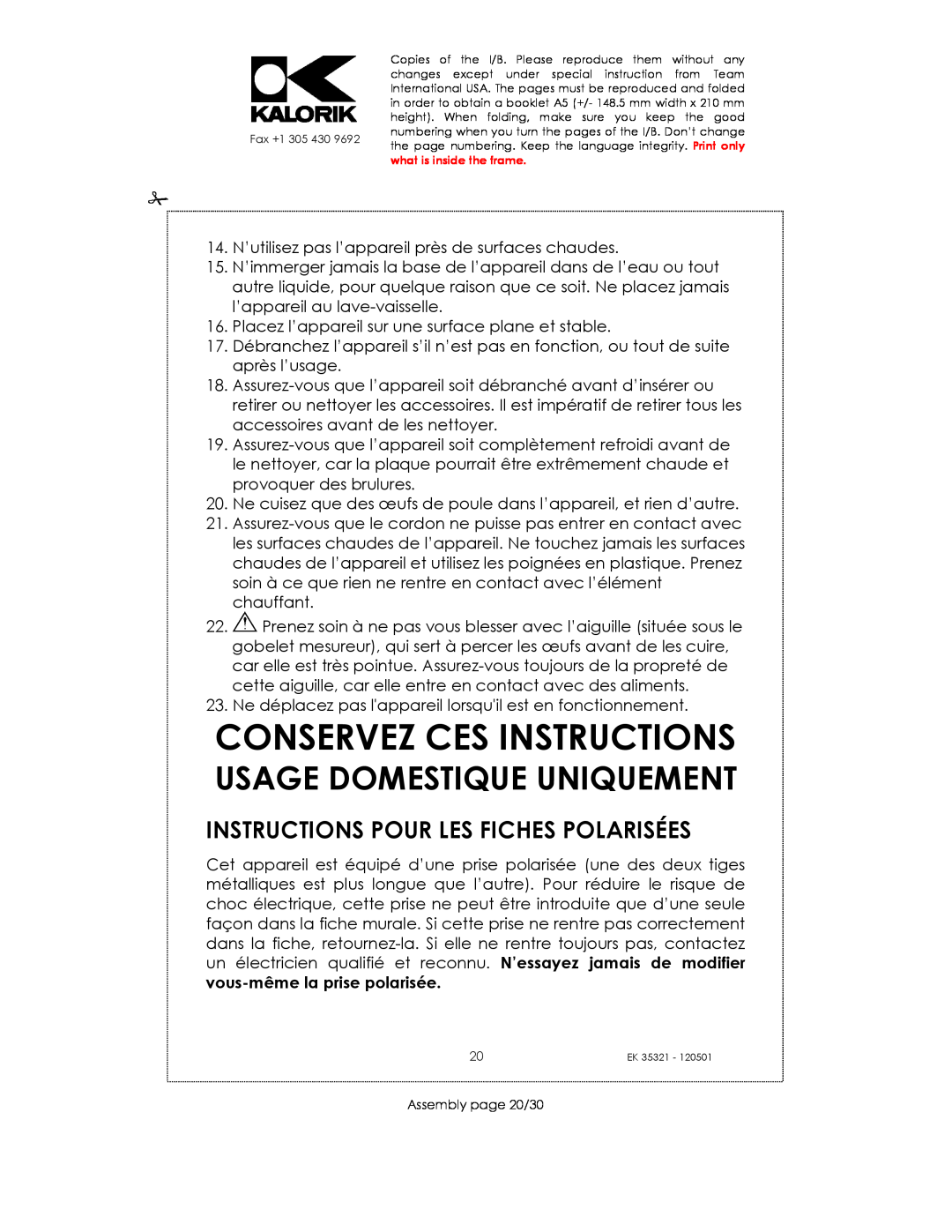 Kalorik EK35321 manual Conservez Ces Instructions, Instructions Pour Les Fiches Polarisées, Usage Domestique Uniquement 
