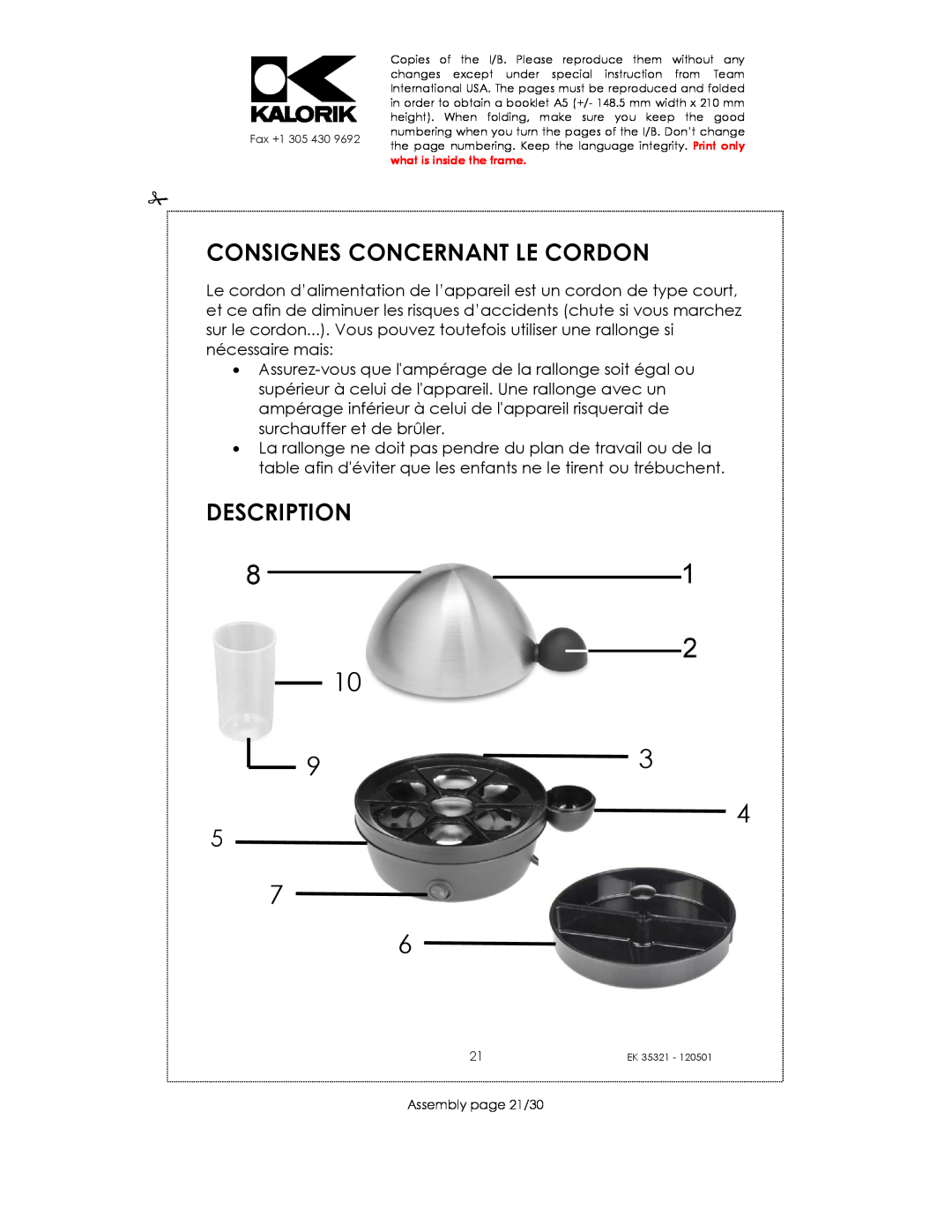 Kalorik EK35321 manual Consignes Concernant Le Cordon, Description, Assembly page 21/30 