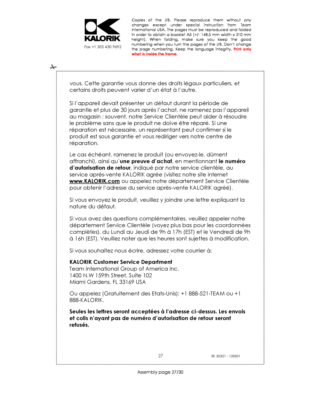Kalorik EK35321 manual KALORIK Customer Service Department, Assembly page 27/30 