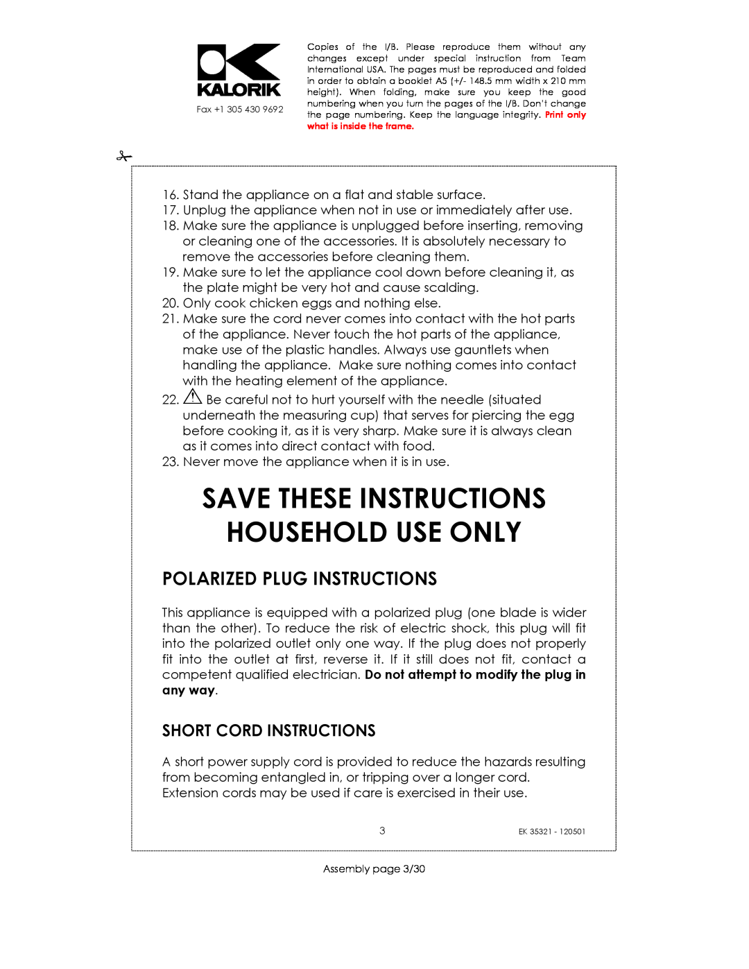 Kalorik EK35321 manual Save These Instructions Household Use Only, Polarized Plug Instructions, Short Cord Instructions 
