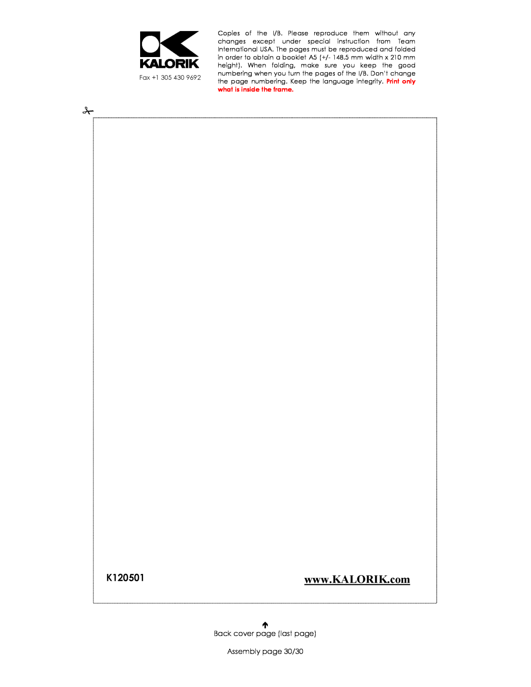 Kalorik EK35321 manual Back cover page last page Assembly page 30/30, Fax +1 305 430 