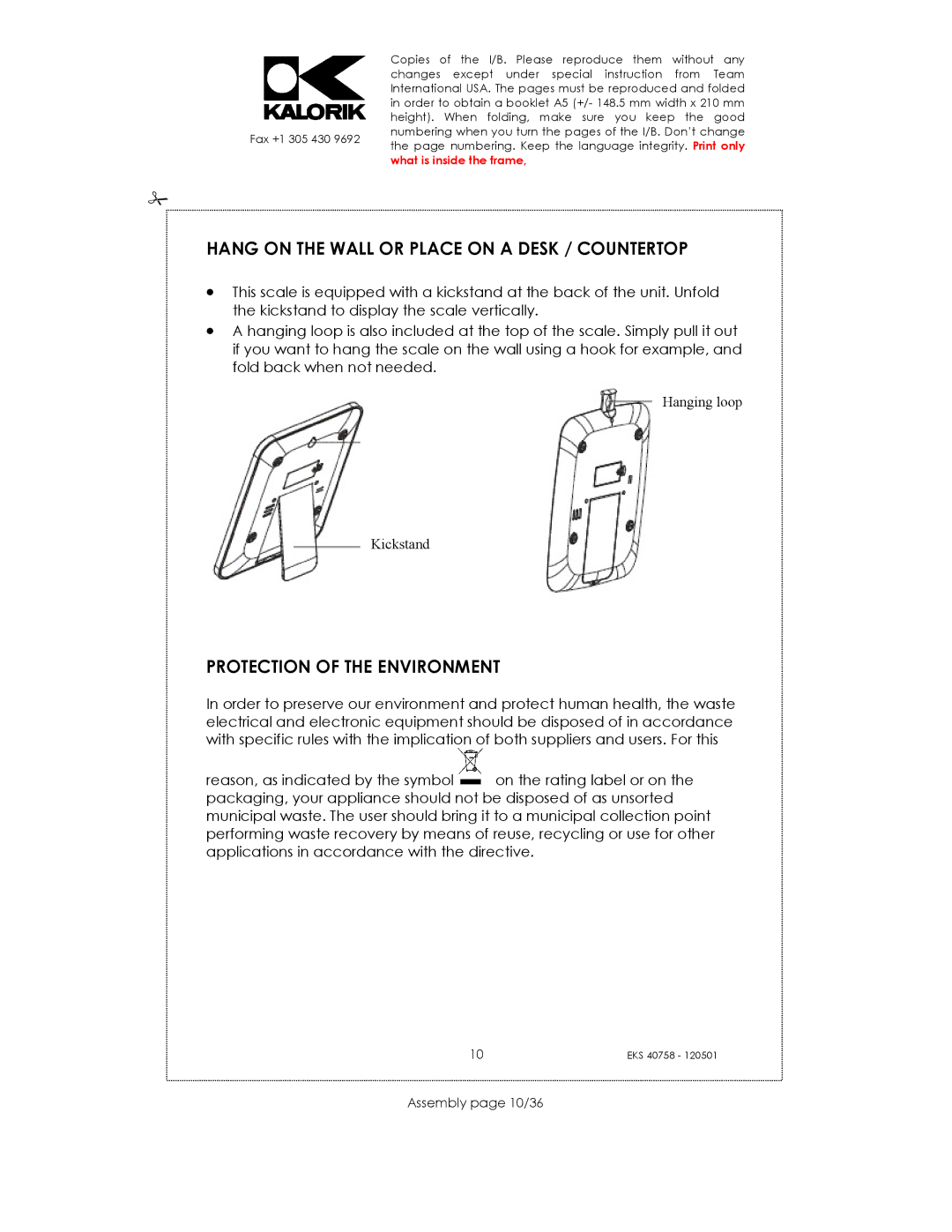 Kalorik EKS 40758 Hang on the Wall or Place on a Desk / Countertop, Protection of the Environment, Assembly page 10/36 