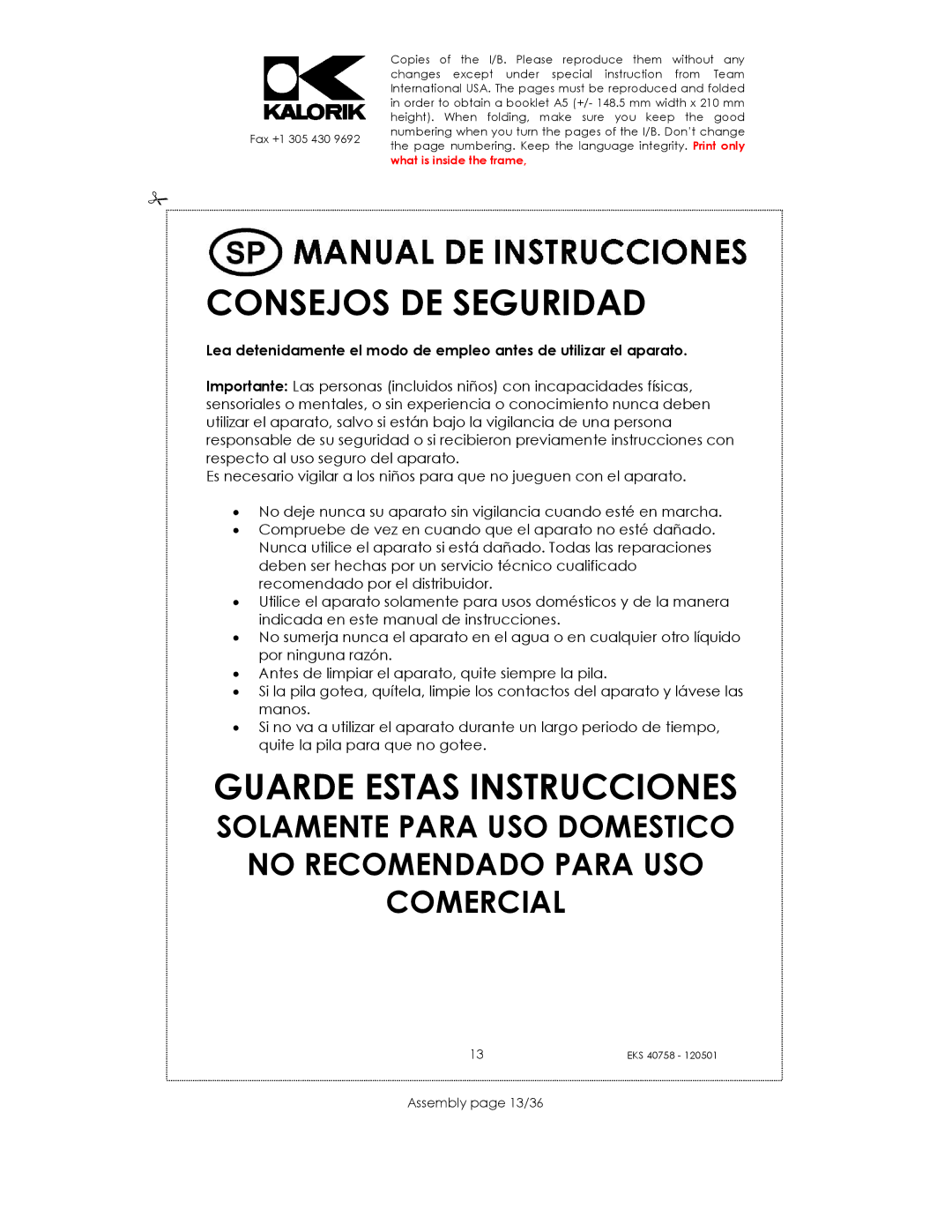 Kalorik EKS 40758 manual Consejos DE Seguridad, Assembly page 13/36 