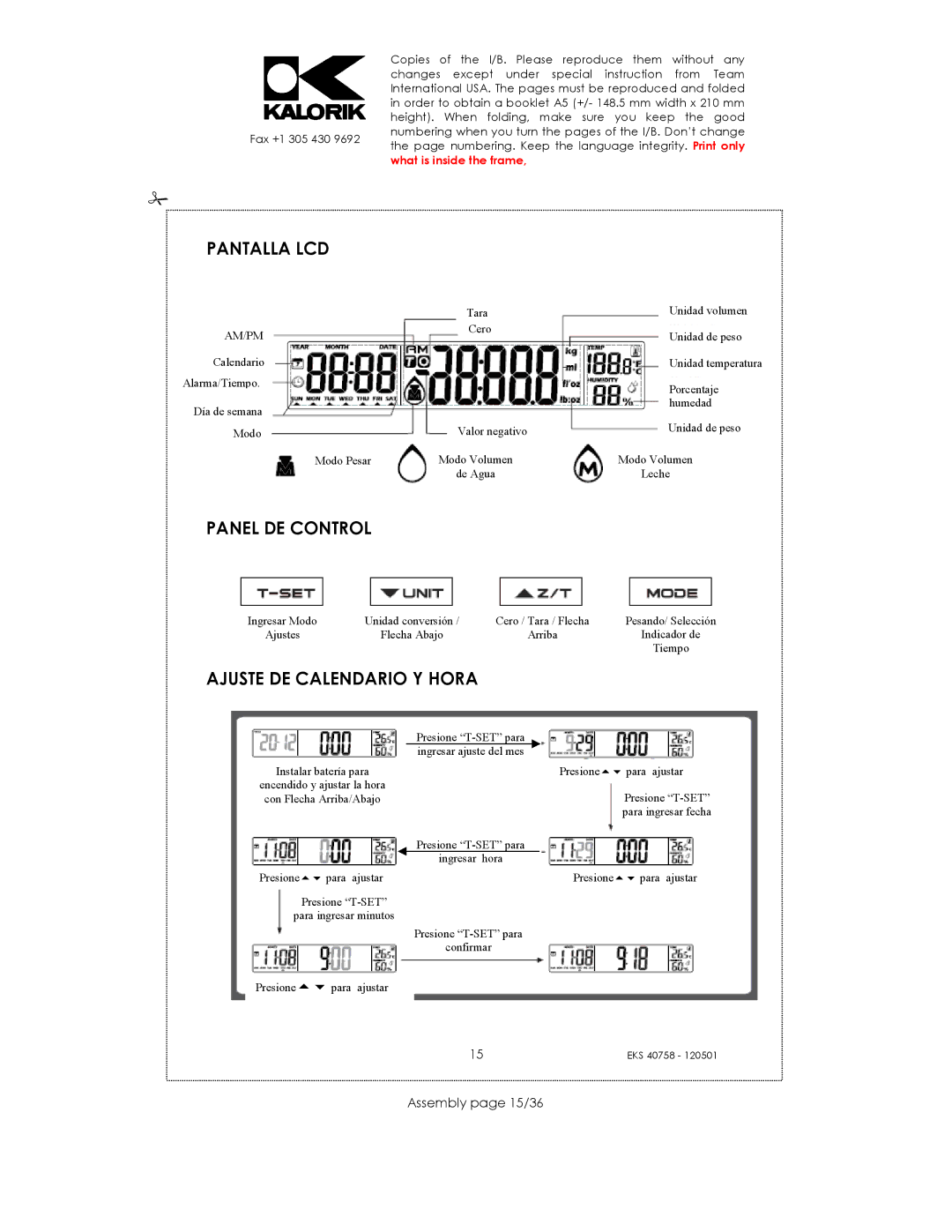 Kalorik EKS 40758 manual Pantalla LCD, Panel DE Control, Ajuste DE Calendario Y Hora, Assembly page 15/36 