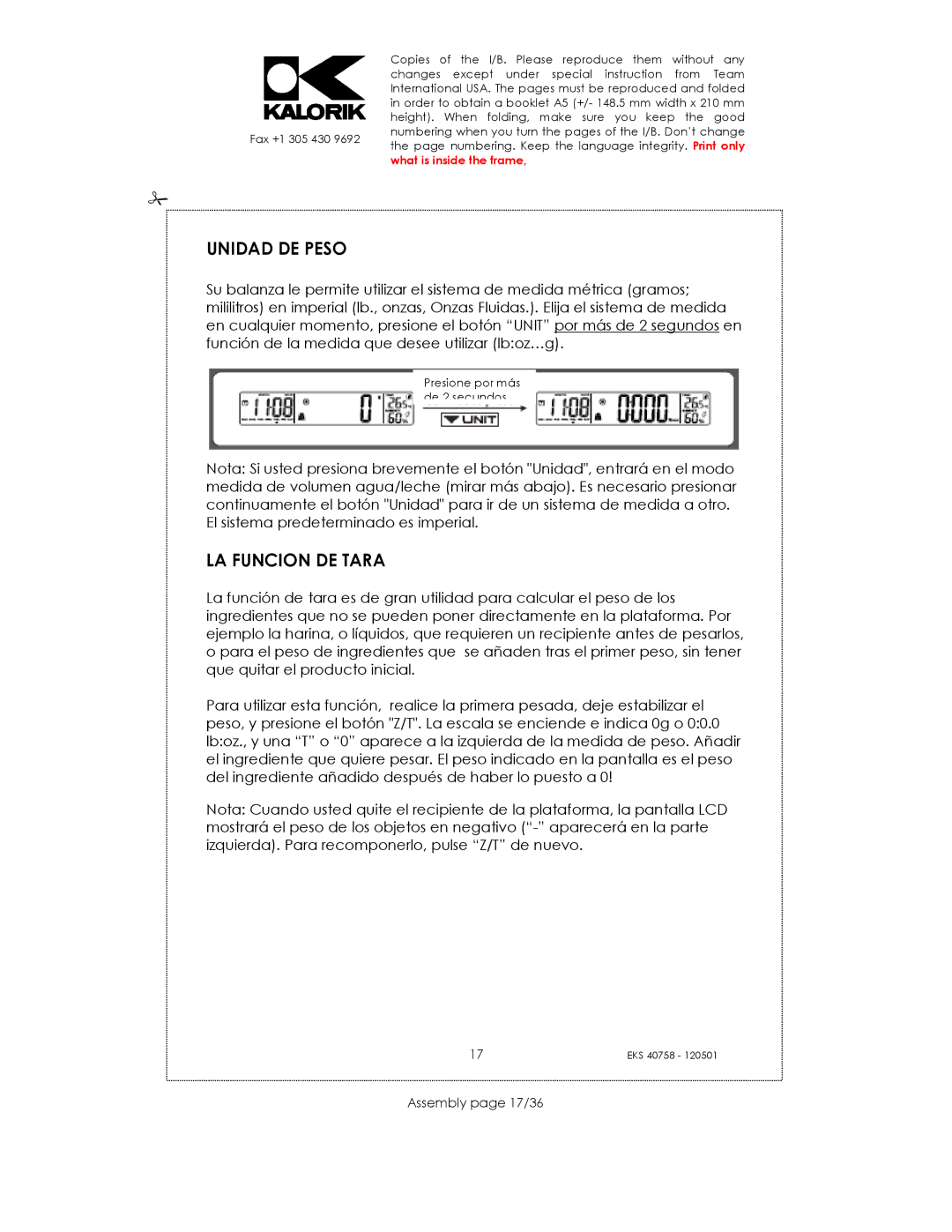 Kalorik EKS 40758 manual Unidad DE Peso, LA Funcion DE Tara, Assembly page 17/36 