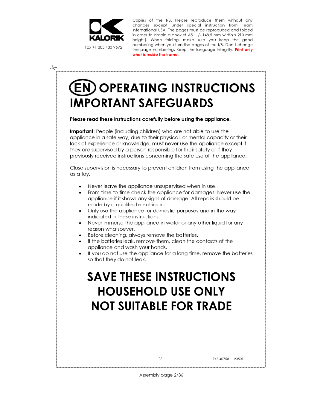 Kalorik EKS 40758 manual Important Safeguards, Assembly page 2/36 