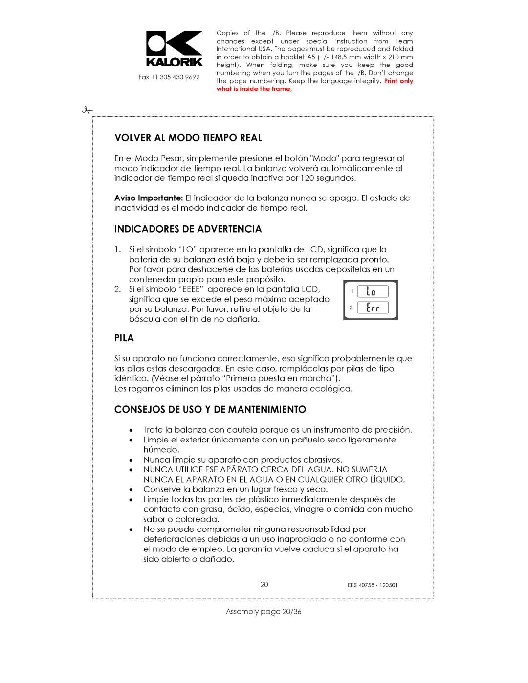 Kalorik EKS 40758 manual Volver AL Modo Tiempo Real, Indicadores DE Advertencia, Pila, Consejos DE USO Y DE Mantenimiento 