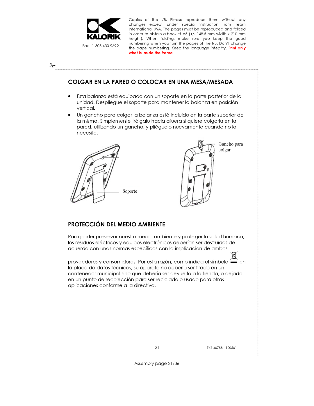 Kalorik EKS 40758 Colgar EN LA Pared O Colocar EN UNA MESA/MESADA, Protección DEL Medio Ambiente, Assembly page 21/36 