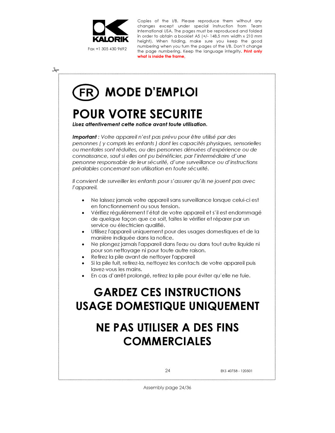 Kalorik EKS 40758 manual Pour Votre Securite, Assembly page 24/36 