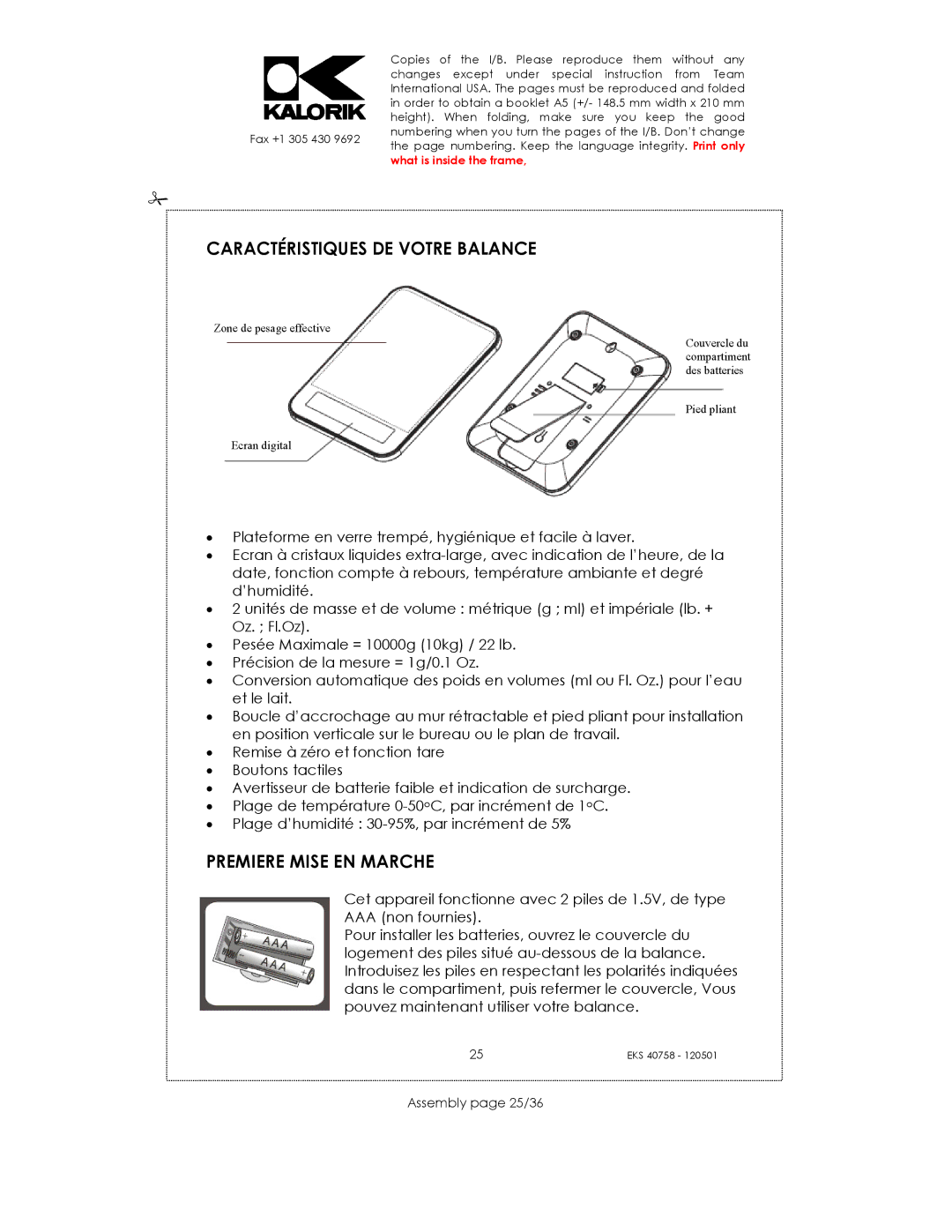 Kalorik EKS 40758 manual Caractéristiques DE Votre Balance, Premiere Mise EN Marche, Assembly page 25/36 