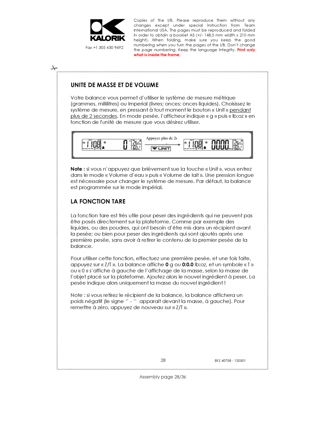 Kalorik EKS 40758 manual Unite DE Masse ET DE Volume, LA Fonction Tare, Assembly page 28/36 