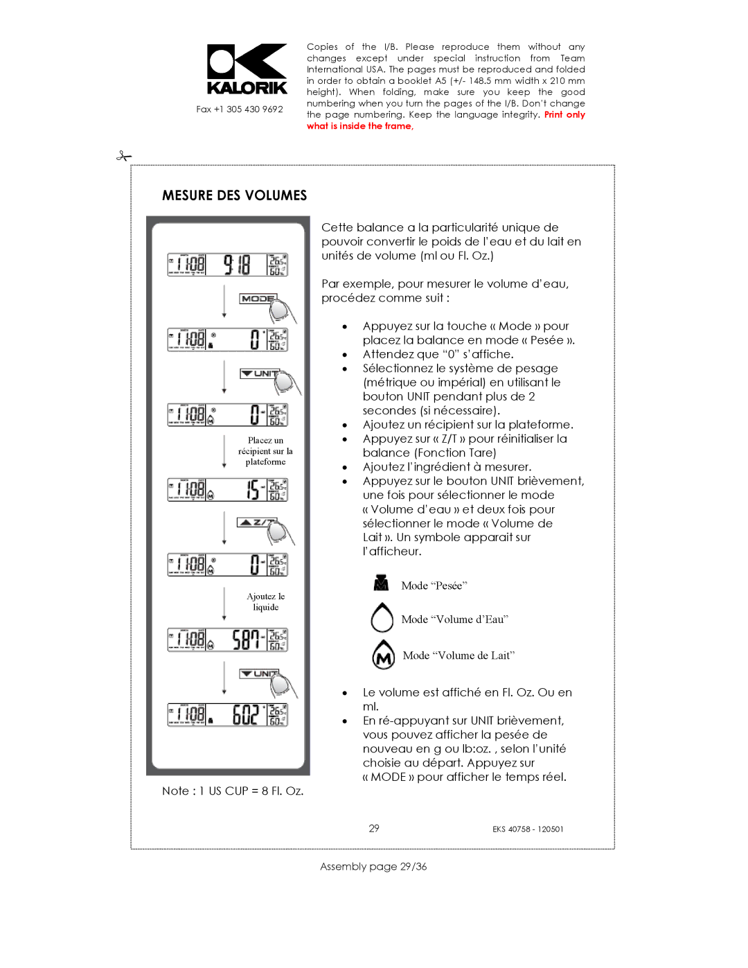 Kalorik EKS 40758 manual Mesure DES Volumes, Assembly page 29/36 