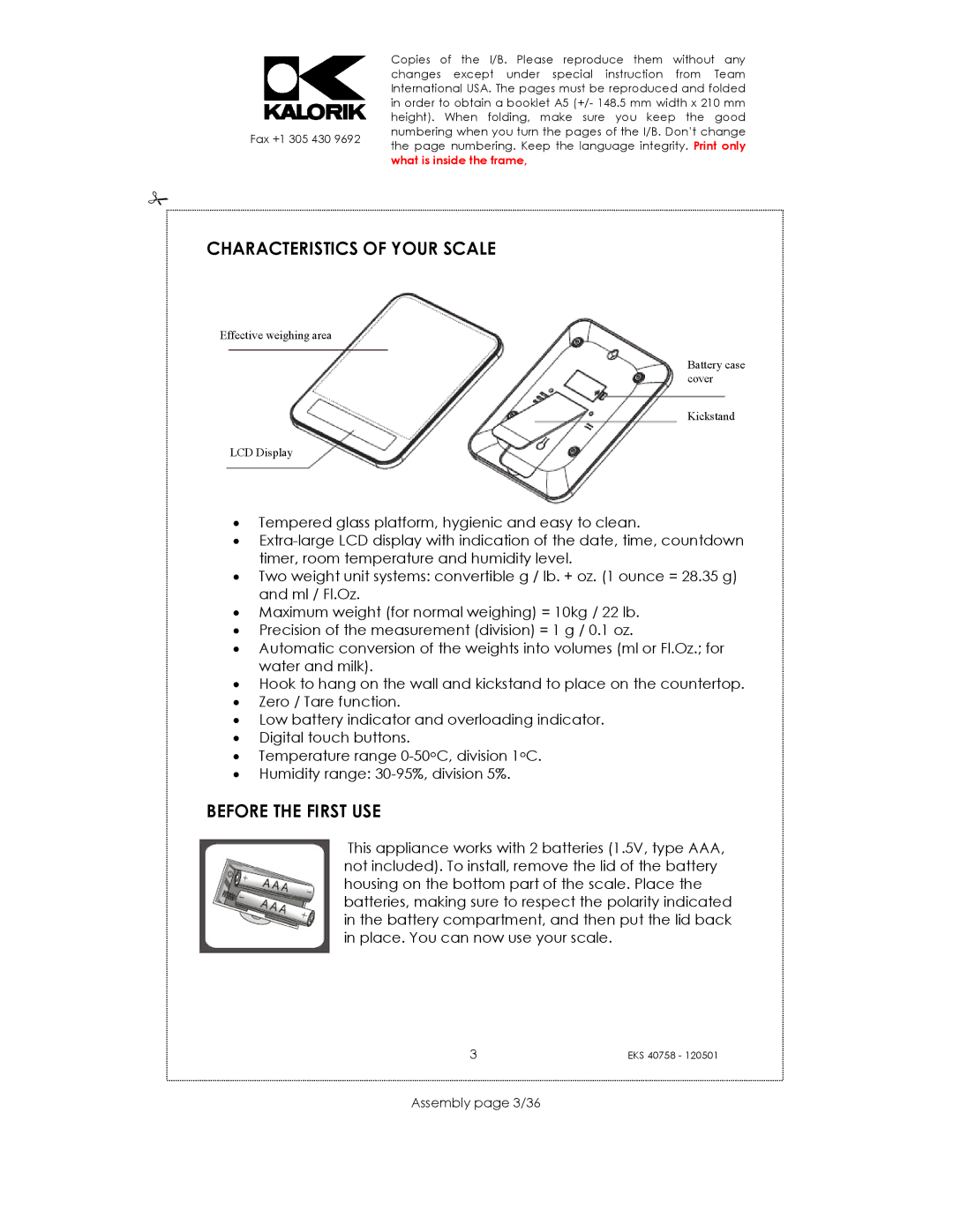 Kalorik EKS 40758 manual Characteristics of Your Scale, Before the First USE, Assembly page 3/36 