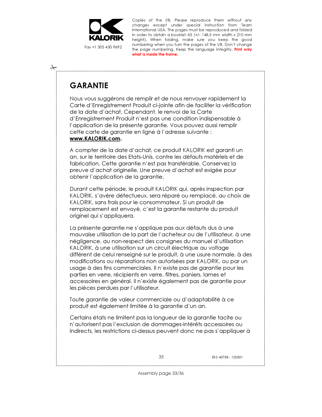 Kalorik EKS 40758 manual Garantie, Assembly page 33/36 