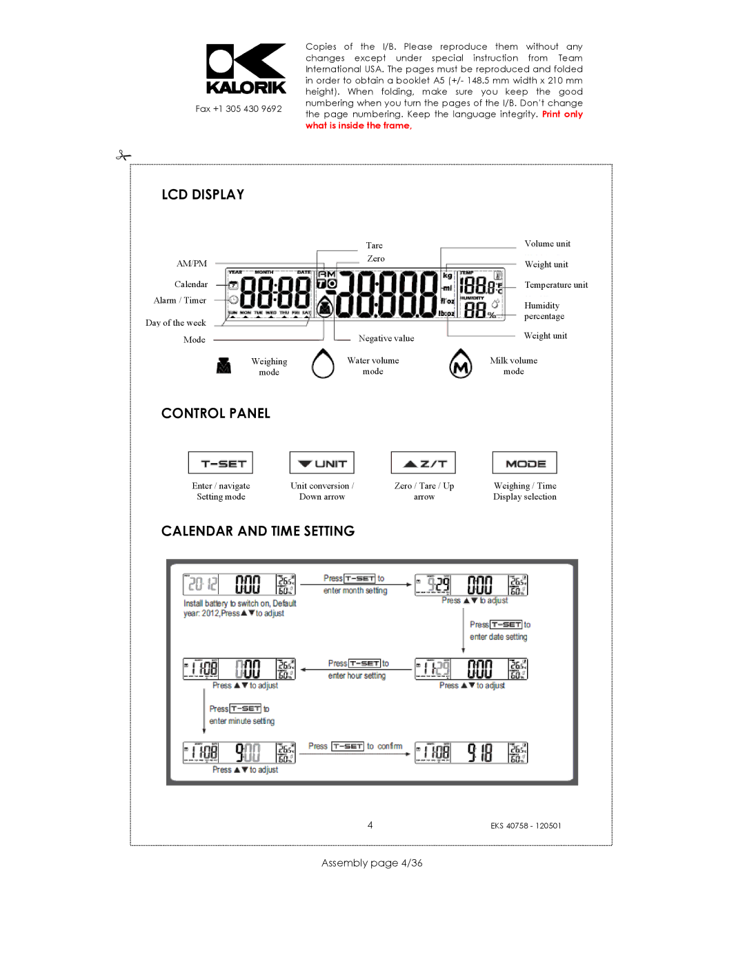 Kalorik EKS 40758 manual LCD Display, Control Panel, Calendar and Time Setting, Assembly page 4/36 