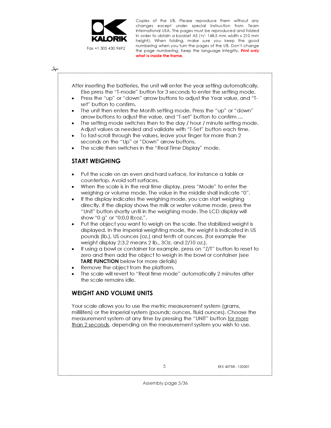 Kalorik EKS 40758 manual Start Weighing, Weight and Volume Units, Assembly page 5/36 