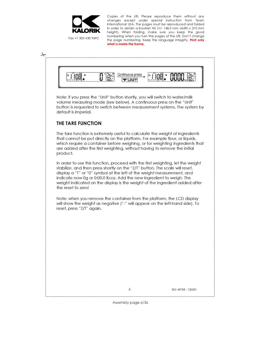 Kalorik EKS 40758 manual Tare Function, Assembly page 6/36 