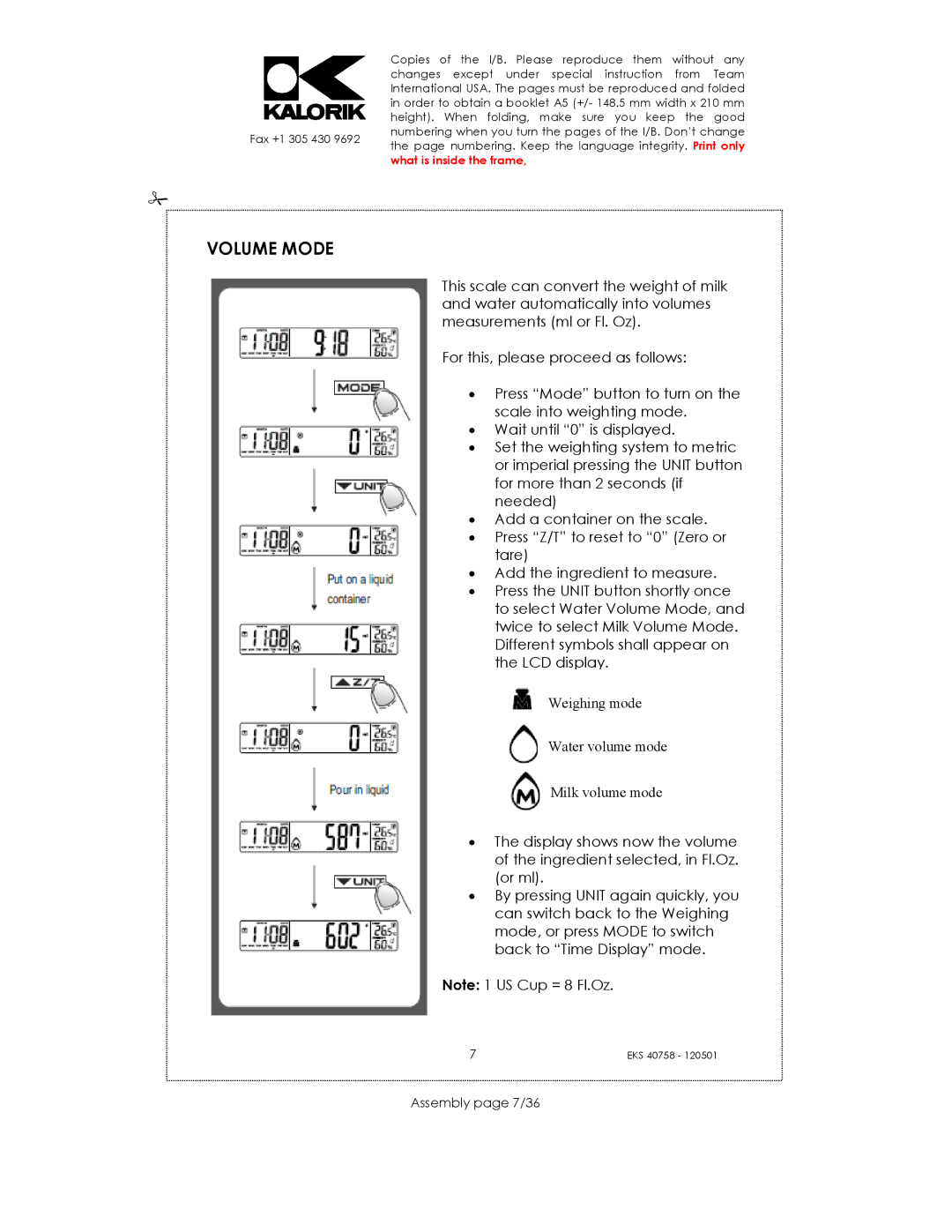 Kalorik EKS 40758 manual Volume Mode, Assembly page 7/36 