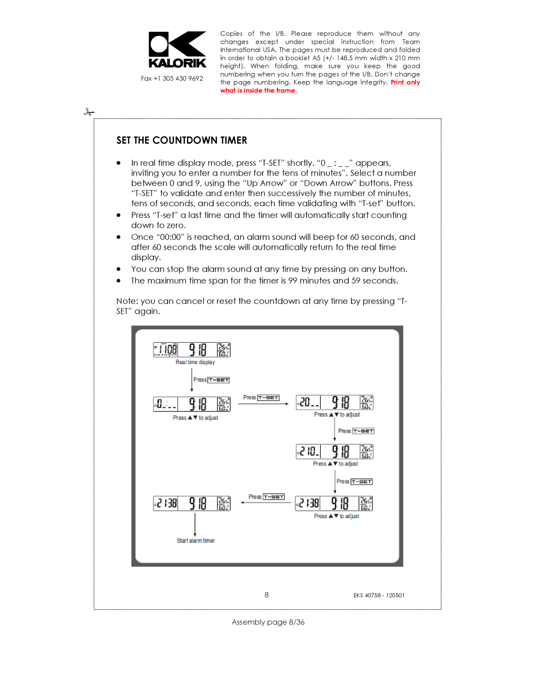 Kalorik EKS 40758 manual SET the Countdown Timer, Assembly page 8/36 