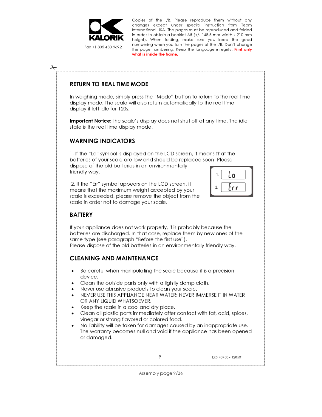 Kalorik EKS 40758 manual Return to Real Time Mode, Battery, Cleaning and Maintenance, Assembly page 9/36 