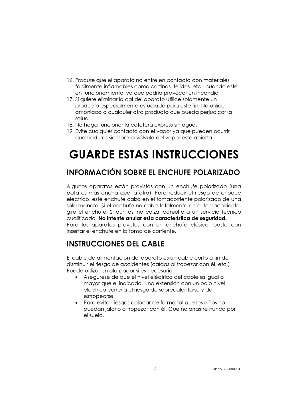 Kalorik EXP 25022 manual Información Sobre EL Enchufe Polarizado, Instrucciones DEL Cable 