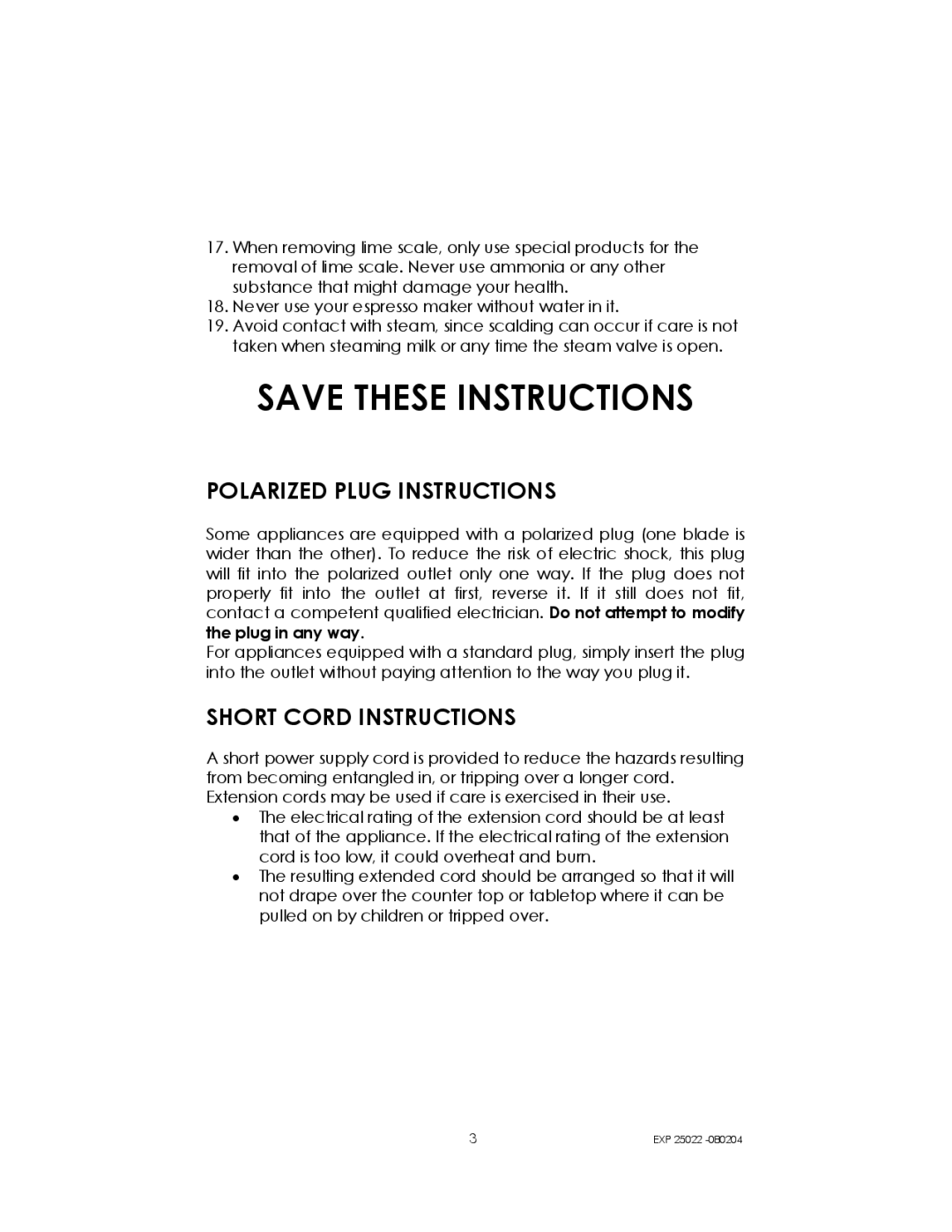 Kalorik EXP 25022 manual Polarized Plug Instructions, Short Cord Instructions 