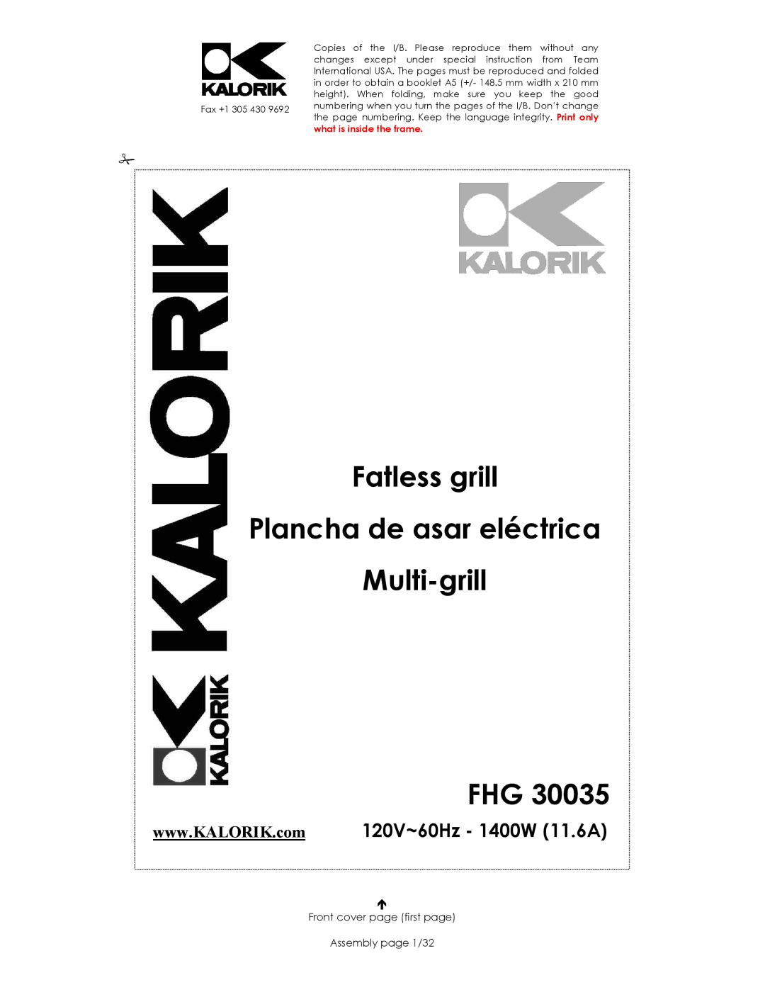 Kalorik FHG 30035 manual Fatless grill Plancha de asar eléctrica Multi-grill FHG 