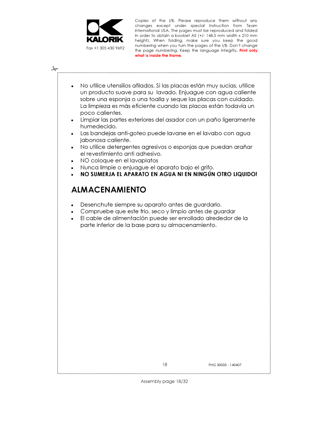 Kalorik FHG 30035 manual Almacenamiento, Assembly page 18/32 