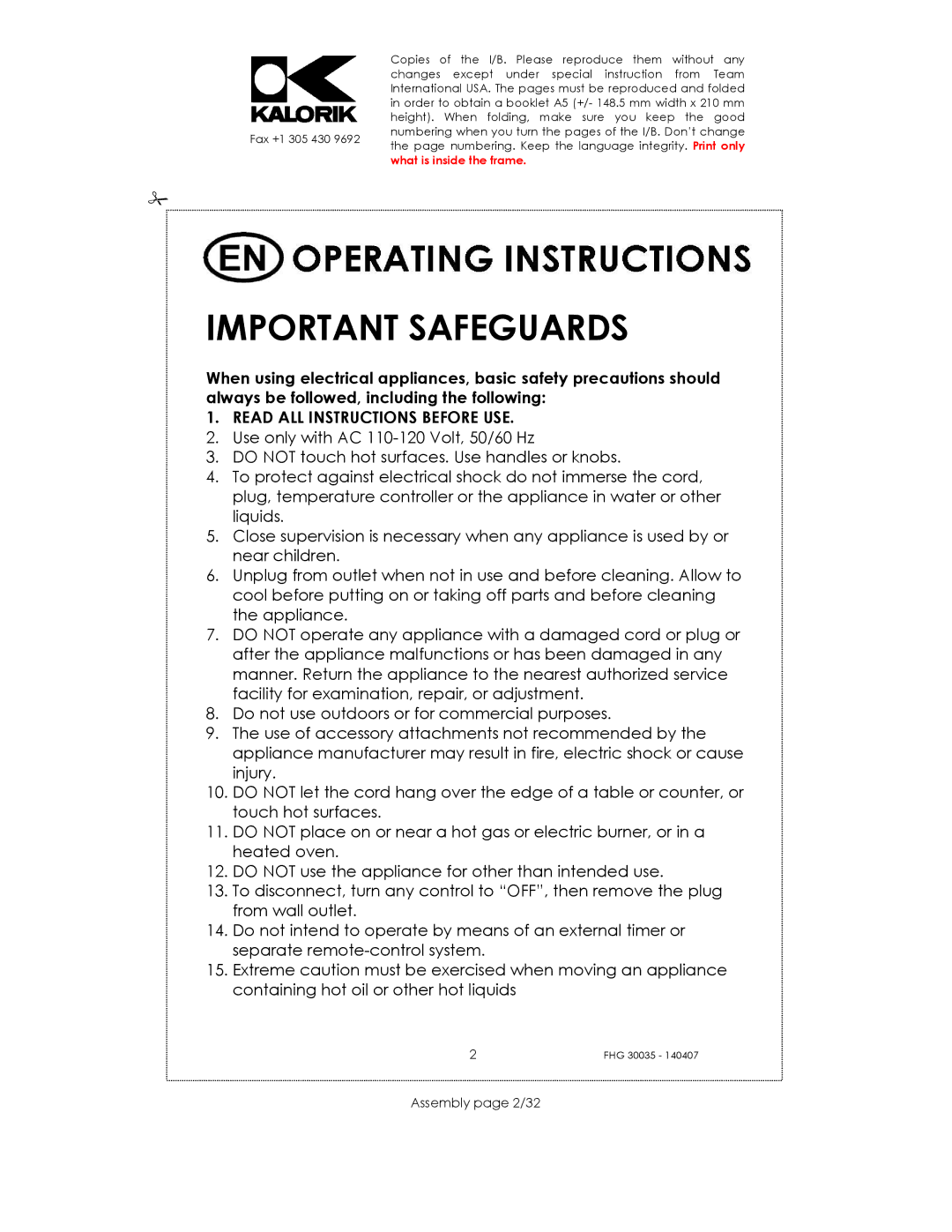 Kalorik FHG 30035 manual Important Safeguards, Assembly page 2/32 