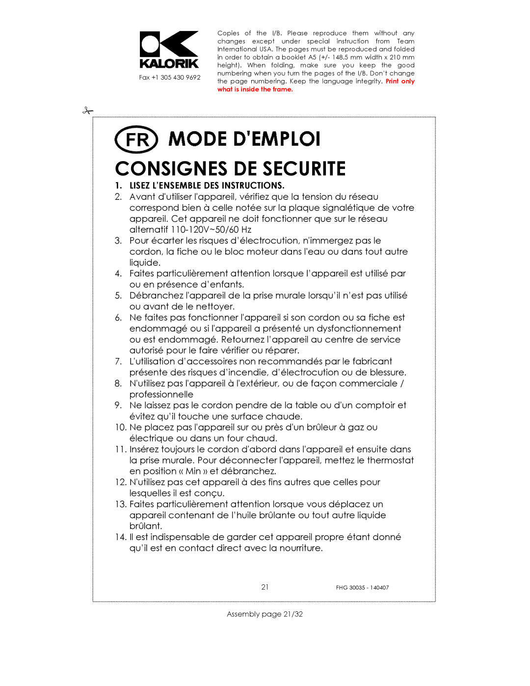 Kalorik FHG 30035 manual Consignes DE Securite, Assembly page 21/32 