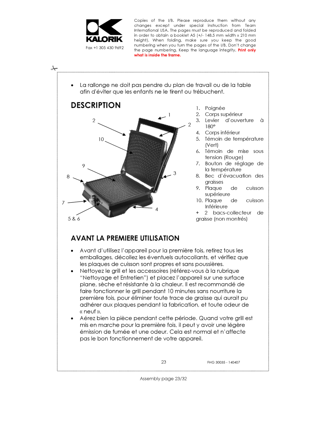 Kalorik FHG 30035 manual Description, Assembly page 23/32 