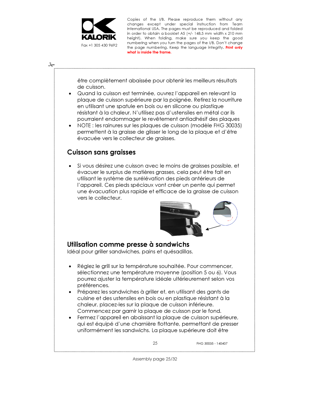 Kalorik FHG 30035 manual Cuisson sans graisses, Utilisation comme presse à sandwichs, Assembly page 25/32 