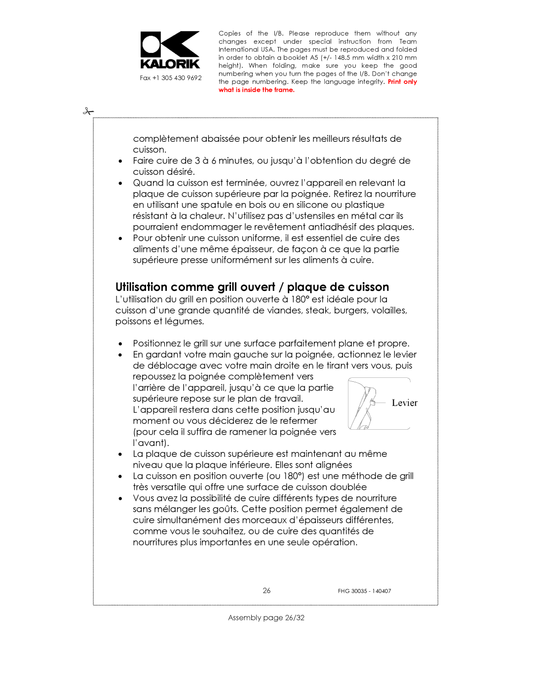 Kalorik FHG 30035 manual Utilisation comme grill ouvert / plaque de cuisson, Assembly page 26/32 