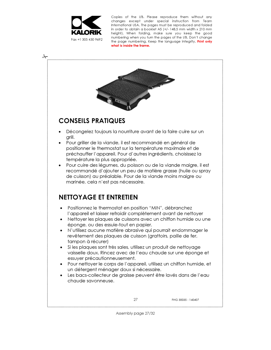 Kalorik FHG 30035 manual Conseils Pratiques, Nettoyage ET Entretien, Assembly page 27/32 