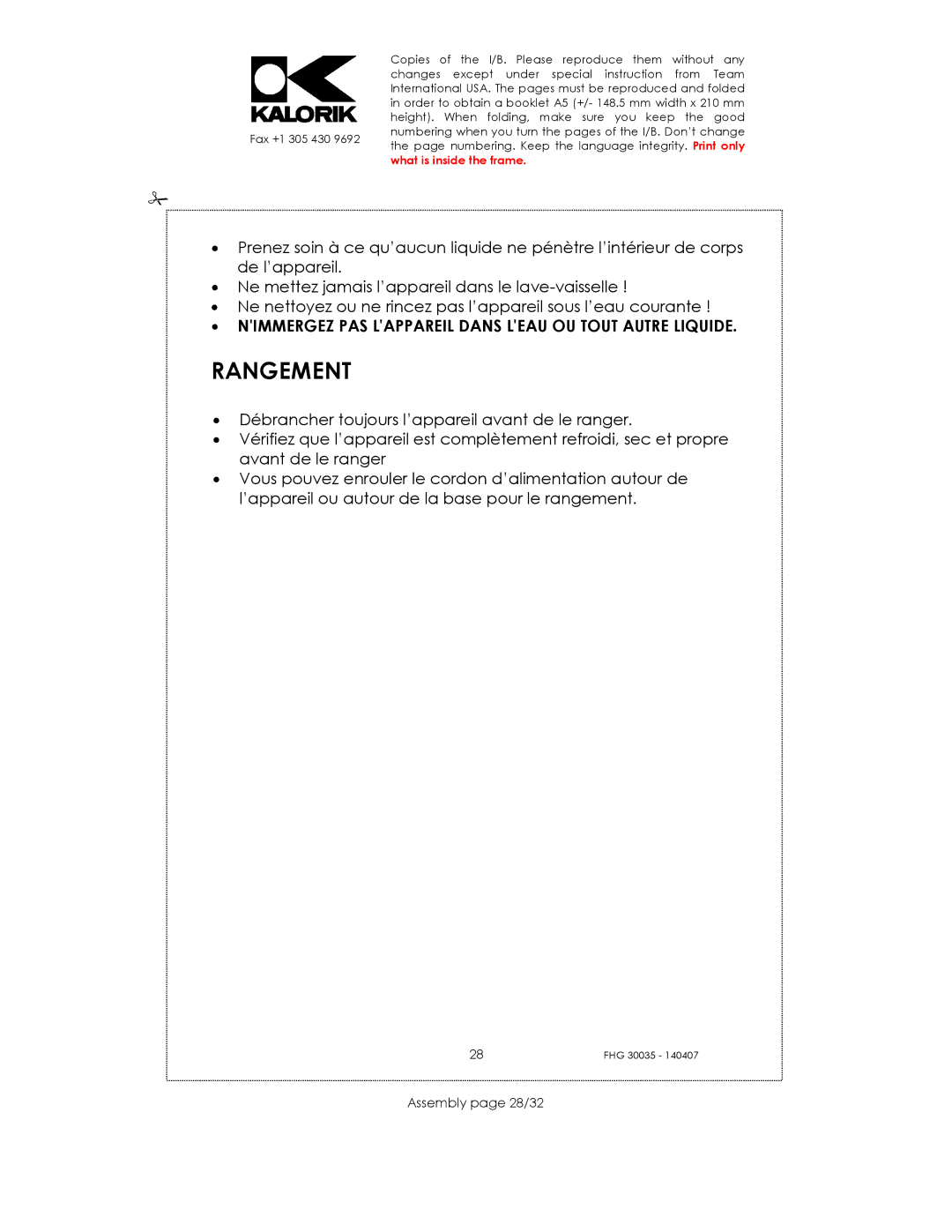 Kalorik FHG 30035 manual Rangement, Assembly page 28/32 