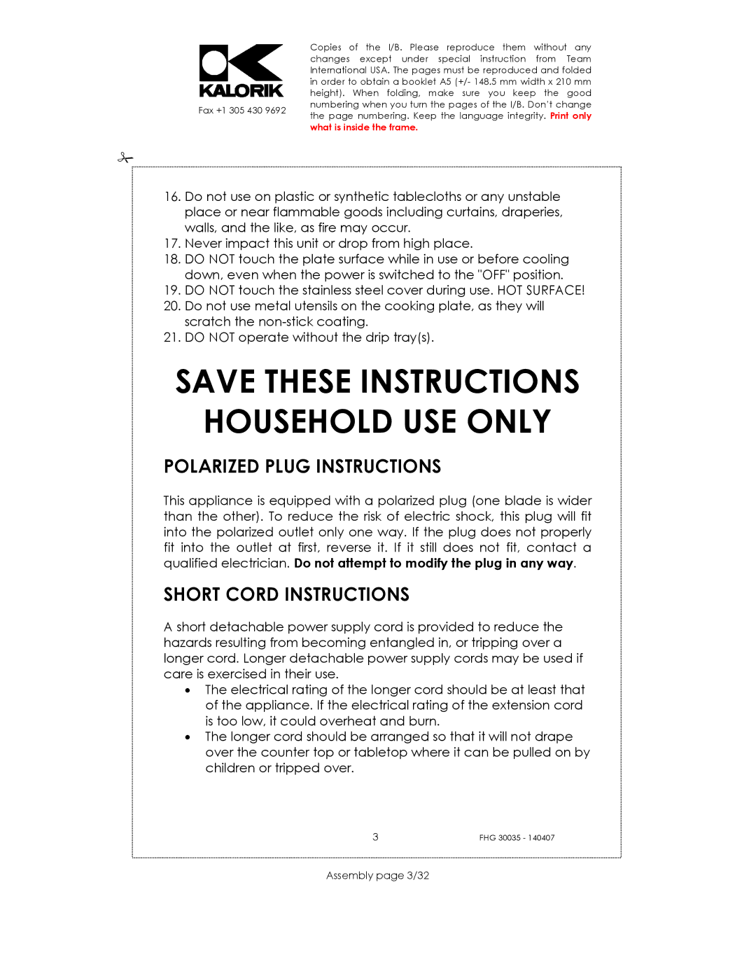 Kalorik FHG 30035 manual Polarized Plug Instructions, Short Cord Instructions, Assembly page 3/32 