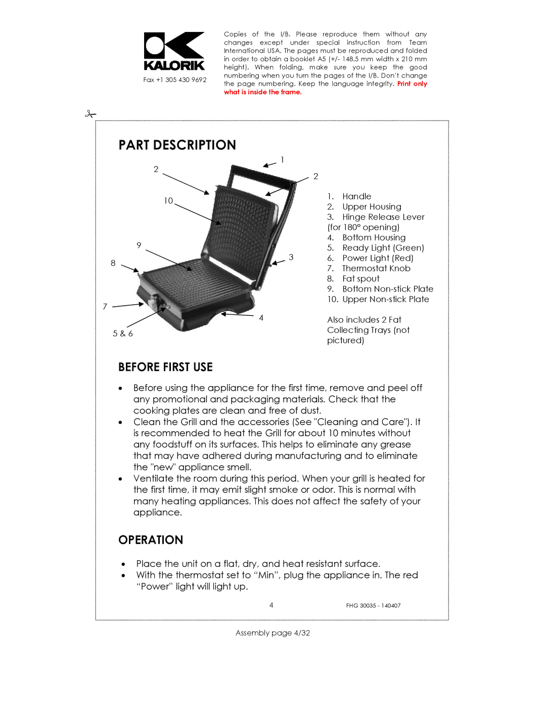 Kalorik FHG 30035 manual Part Description, Assembly page 4/32 