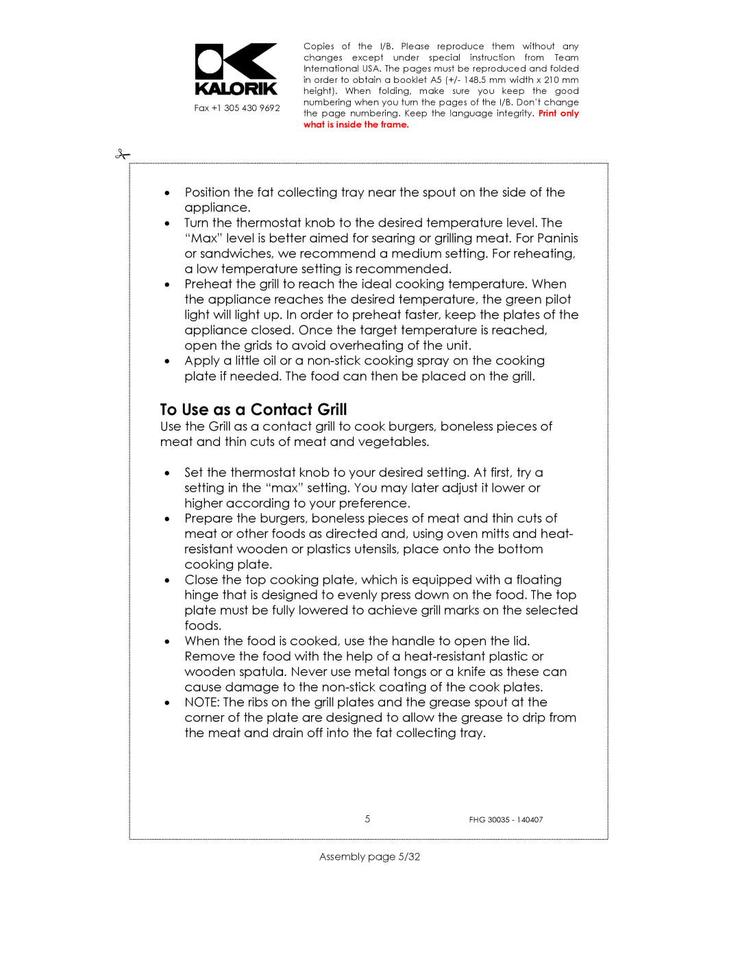 Kalorik FHG 30035 manual To Use as a Contact Grill, Assembly page 5/32 