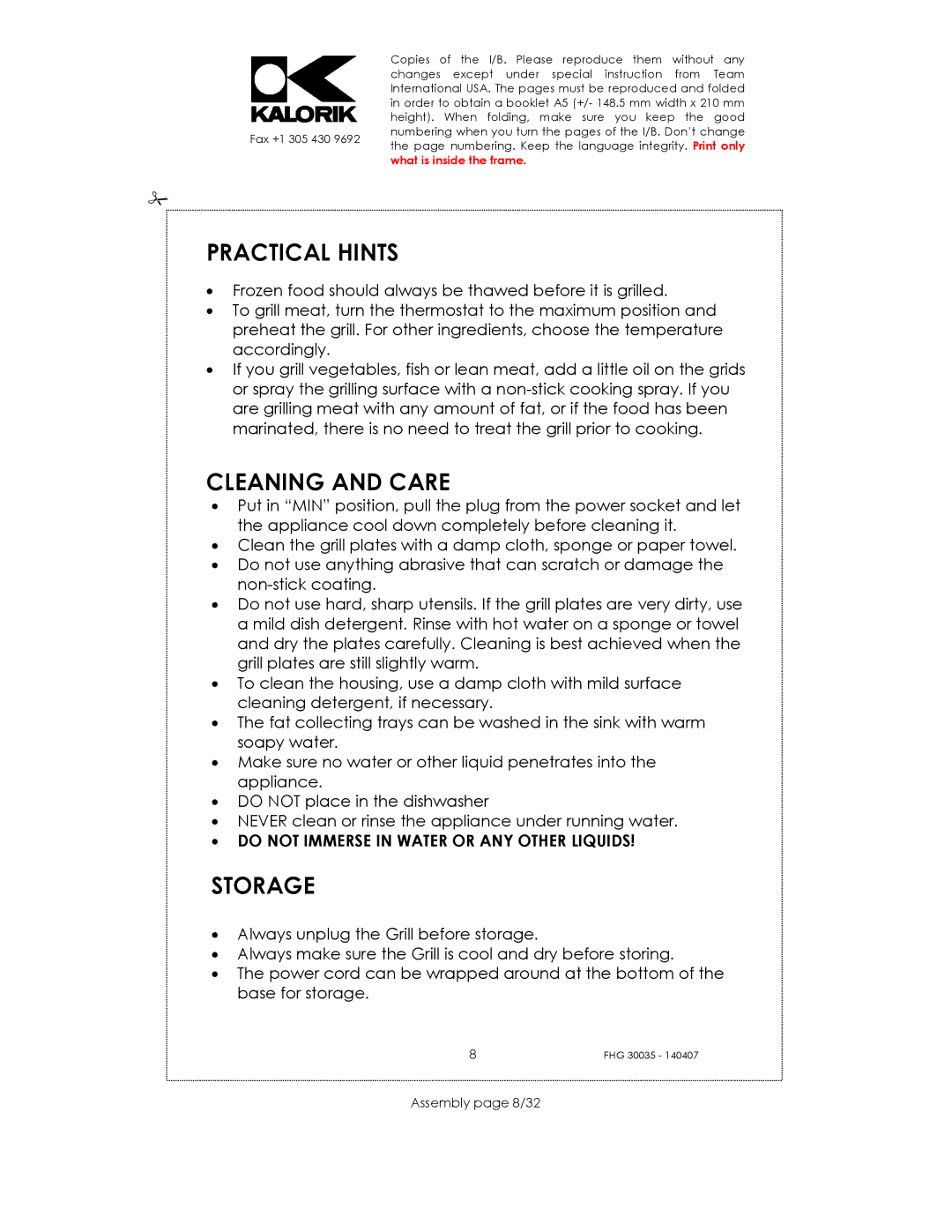 Kalorik FHG 30035 manual Practical Hints, Cleaning and Care, Storage, Assembly page 8/32 