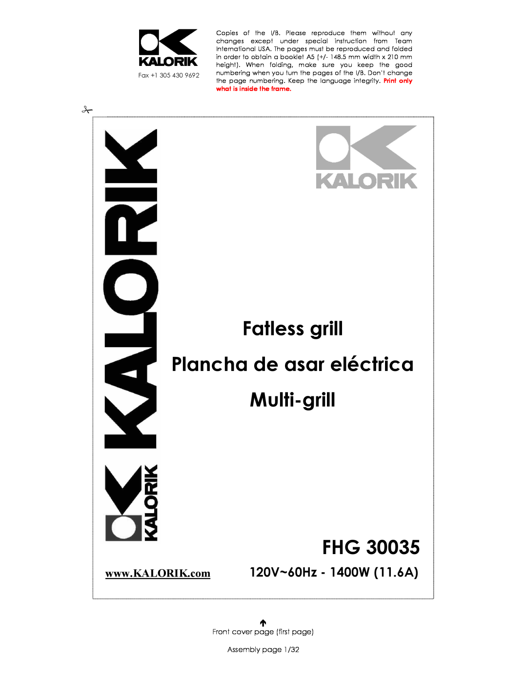 Kalorik FHG 30035 manual Fatless grill Plancha de asar eléctrica, Multi-grill FHG 