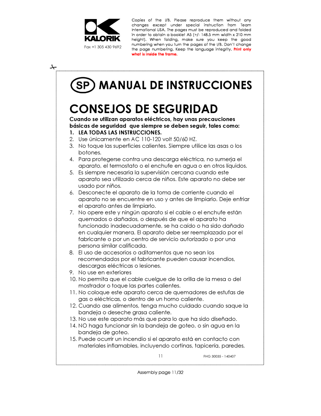 Kalorik FHG 30035 manual Consejos De Seguridad, Lea Todas Las Instrucciones 