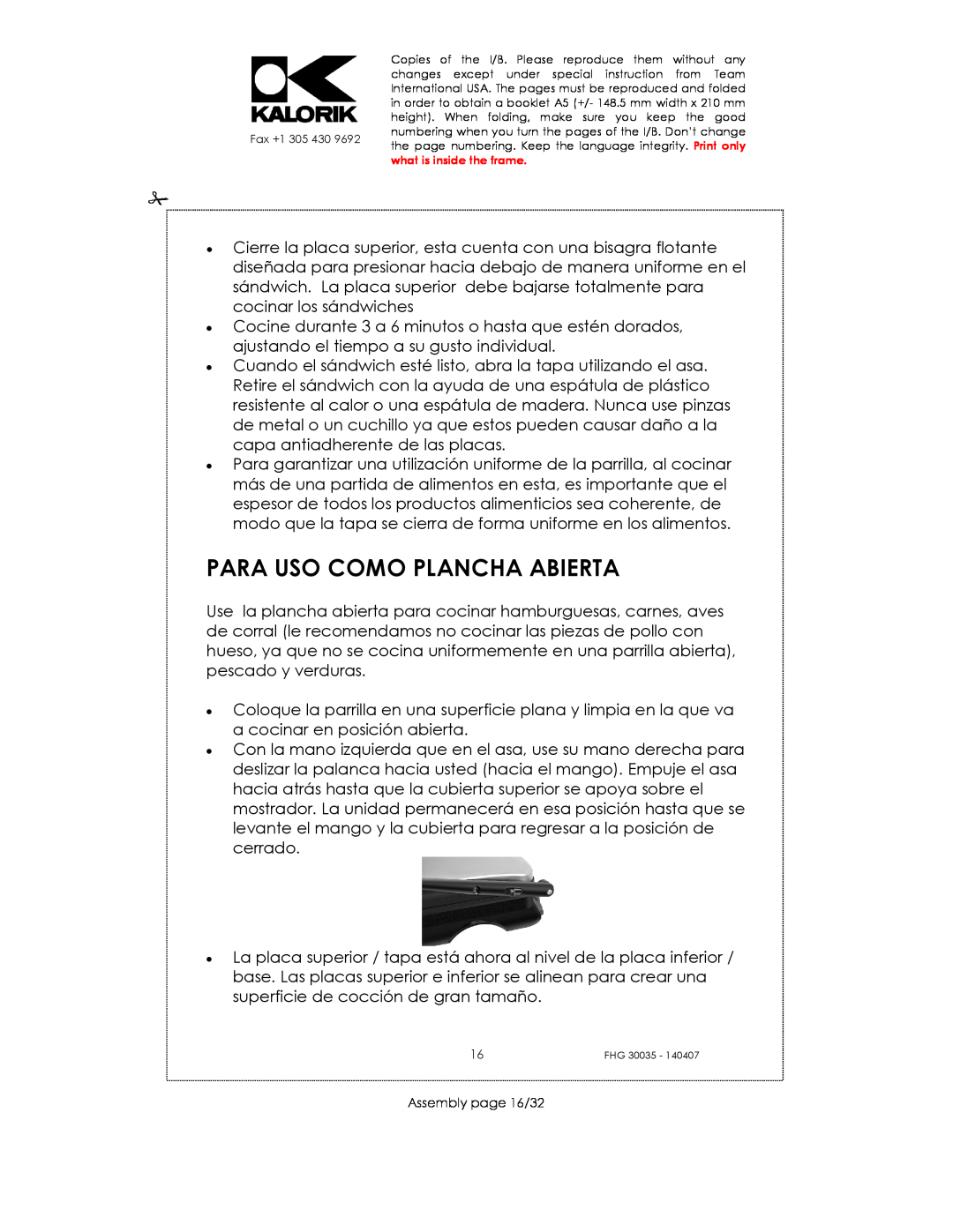 Kalorik FHG 30035 manual Para Uso Como Plancha Abierta, Assembly page 16/32 