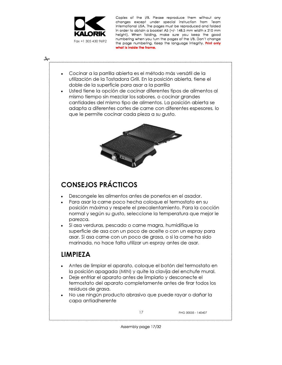Kalorik FHG 30035 manual Consejos Prácticos, Limpieza, Assembly page 17/32 
