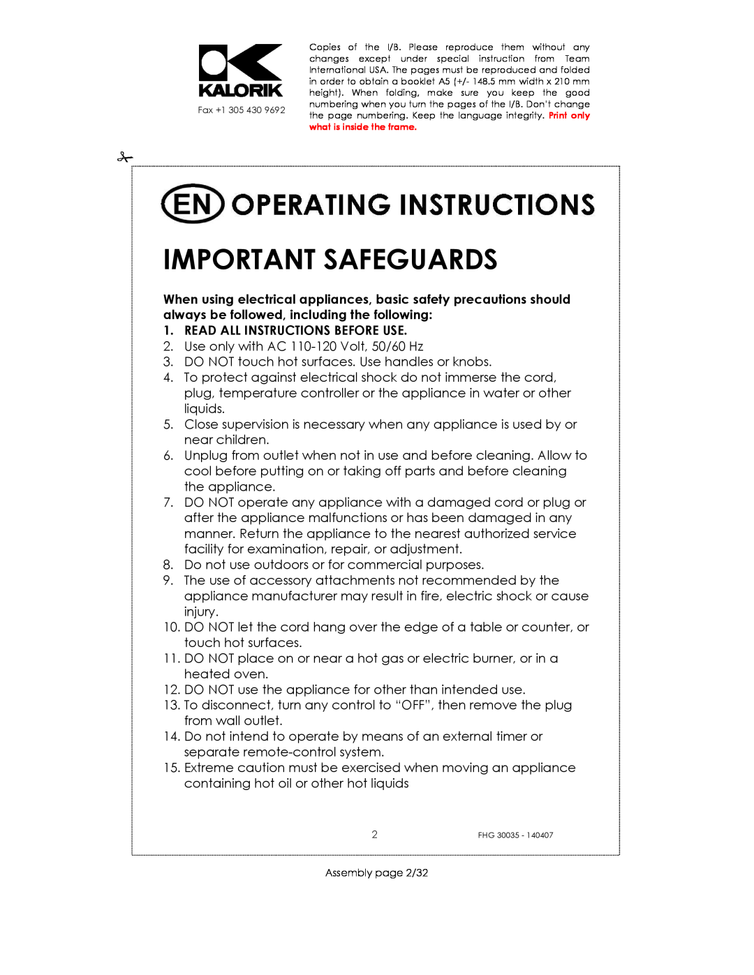 Kalorik FHG 30035 manual Important Safeguards, Read All Instructions Before Use 