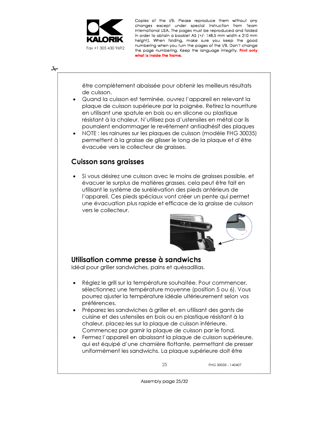 Kalorik FHG 30035 manual Cuisson sans graisses, Utilisation comme presse à sandwichs, Assembly page 25/32 