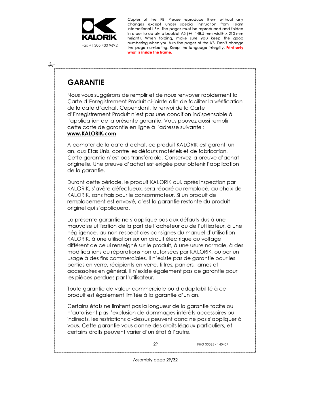 Kalorik FHG 30035 manual Garantie, Assembly page 29/32 